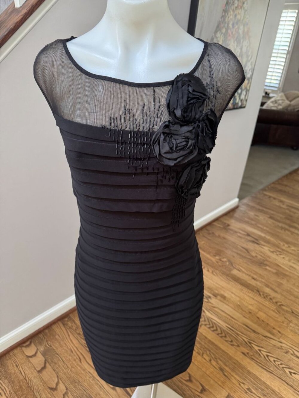 Adrianna Papell Shutter-Pleated Mesh Floral Beaded Sheath Dress Black Size 4